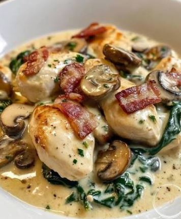 Filetes de pollo con espinacas servidos en una salsa cremosa con queso parmesano.